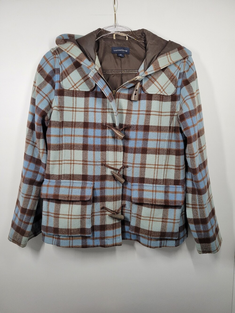 Lands End Blue Brown Plaid Wool Blend Toggle Zip Hooded Lined Jacket Women Sz XS